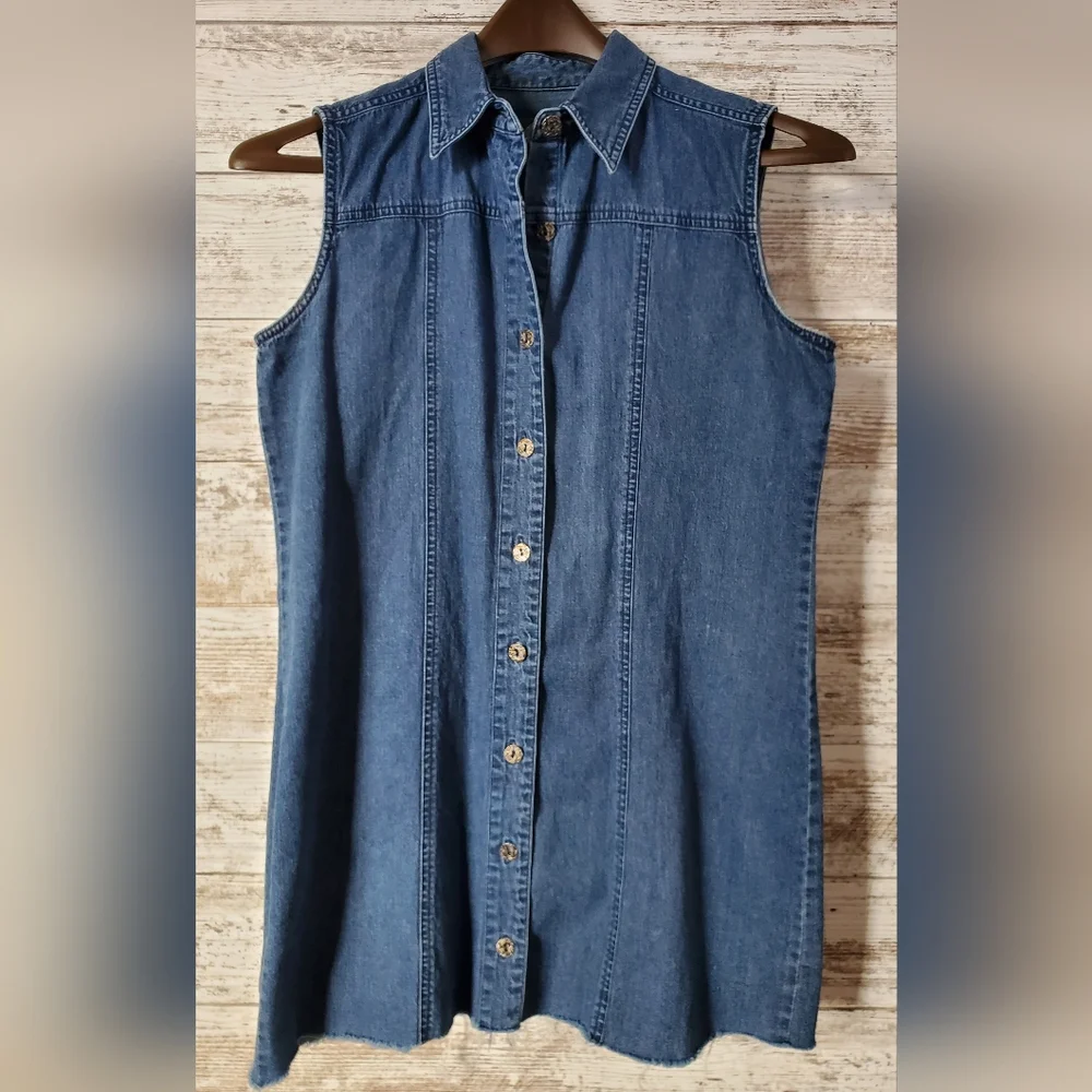 Cabela's Denim Mini Dress Sleeveless Long Jean Tunic Vest 90s Vintage - Picture 1 of 8